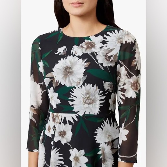 Hobbs London Dress green white black Floral Print Midi Length Dress size 2 - Picture 2 of 11